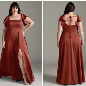NWT Azazie Bondi Stretch Satin Terracotta A-Line Bow Women's Maxi Dress‎